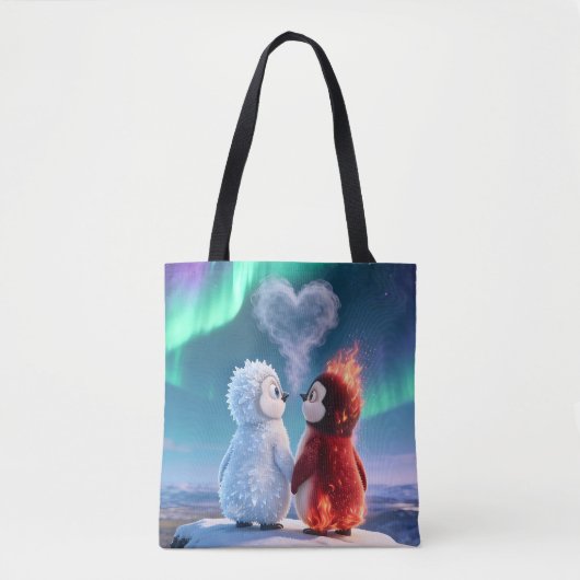 Cute Fire and Ice Penguin Northern Lights Tote Bag (Voorkant)