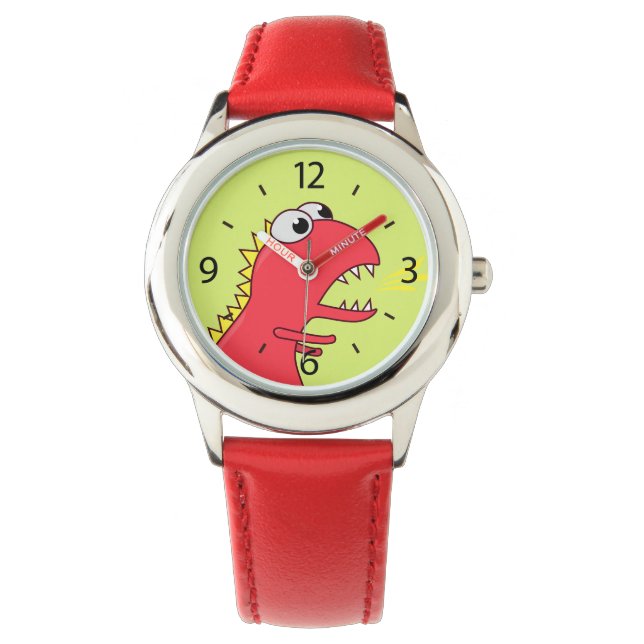 Cute Fire Breath Cartoon T-Rex Dinosaur Horloge (Voorkant)