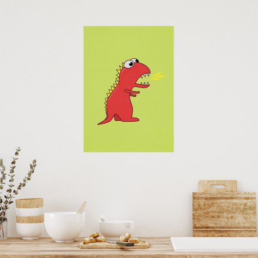 Cute Fire Breathing Cartoon T-Rex Dinosaur Poster (Keuken)