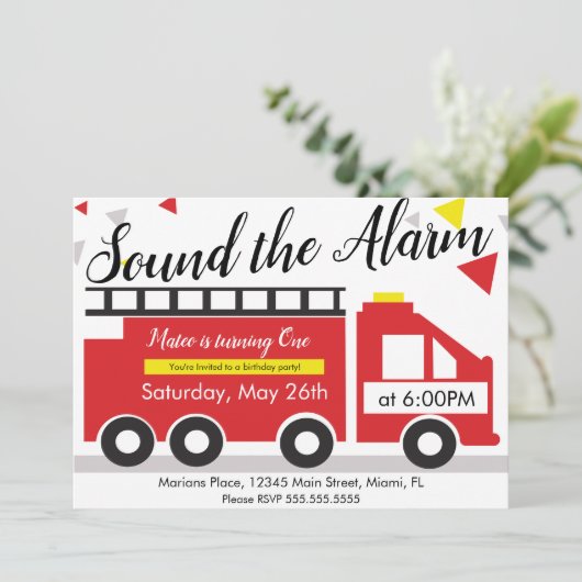 Cute Fire Truck Confetti 1e verjaardag (Staand voorkant)