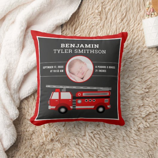 Cute Fire Truck Firefighter Baby Foto Birth Stats Kussen (Deken)