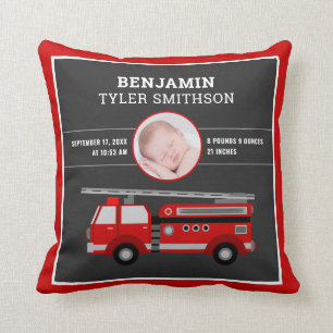 Cute Fire Truck Firefighter Baby Foto Birth Stats Kussen