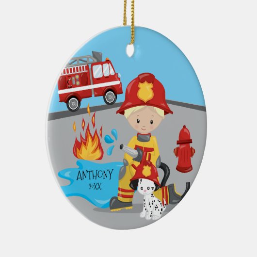 Cute Firefighter Blonde Boy Kerstmis Keramisch Ornament (Rechts)