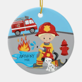 Cute Firefighter Blonde Boy Kerstmis Keramisch Ornament