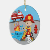 Cute Firefighter Brunette Boy Kerstmis Keramisch Ornament (Rechts)