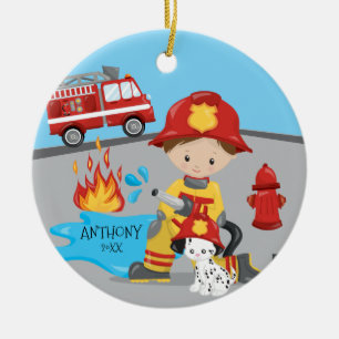 Cute Firefighter Brunette Boy Kerstmis Keramisch Ornament