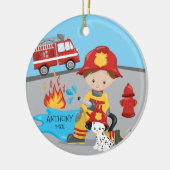 Cute Firefighter Brunette Boy Kerstmis Keramisch Ornament (Links)