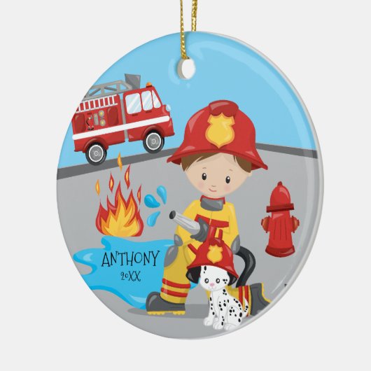 Cute Firefighter Brunette Boy Kerstmis Keramisch Ornament (Links)