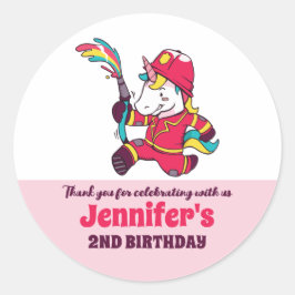 Cute Firefighter Unicorn Kids Birthday Party Favor Ronde Sticker
