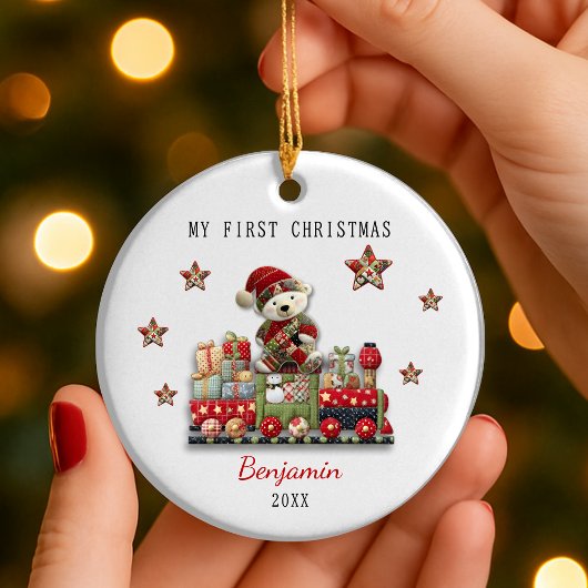 Cute first baby Christmas patchwork bear train Keramisch Ornament