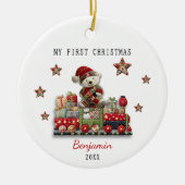 Cute first baby Christmas patchwork bear train Keramisch Ornament (Voorkant)