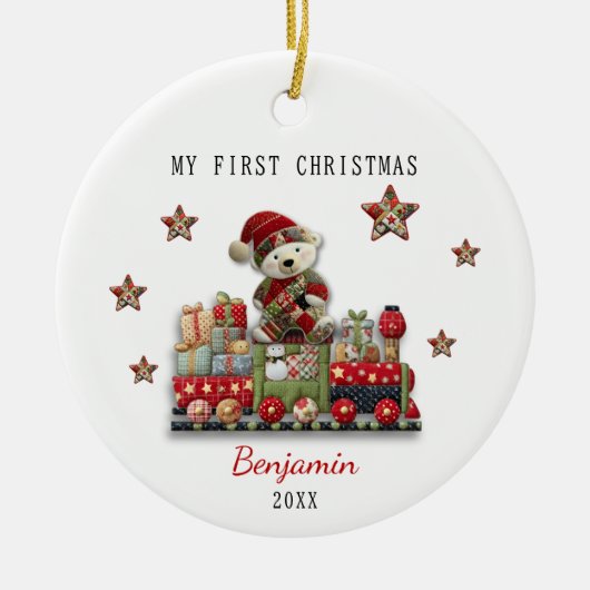 Cute first baby Christmas patchwork bear train Keramisch Ornament (Voorkant)