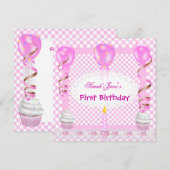 Cute First Birthday 1st Girl Pink Balloons Cupcake Kaart