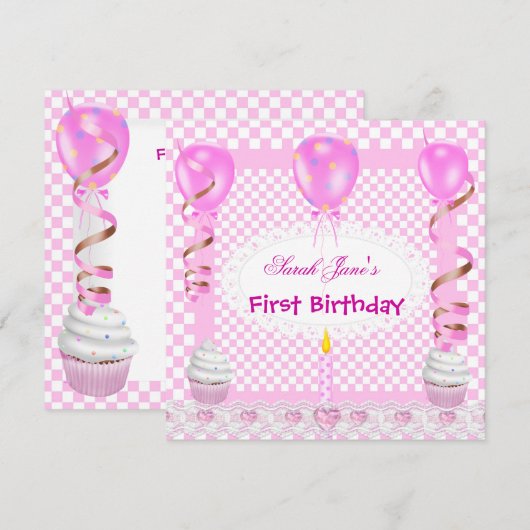 Cute First Birthday 1st Girl Pink Balloons Cupcake Kaart (Voorkant / Achterkant)