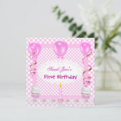 Cute First Birthday 1st Girl Pink Balloons Cupcake Kaart