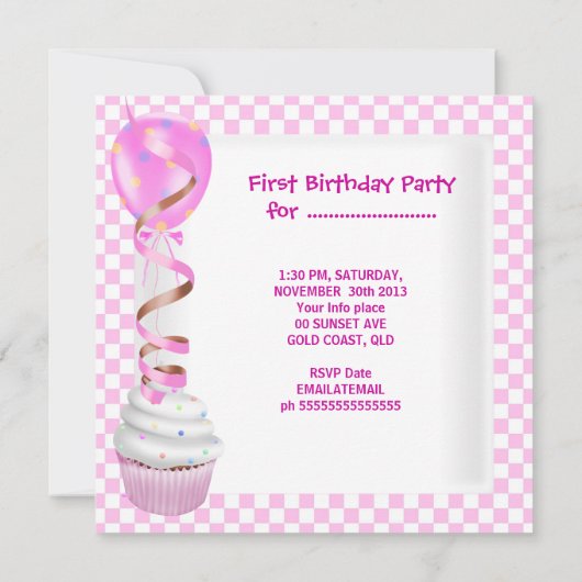 Cute First Birthday 1st Girl Pink Balloons Cupcake Kaart (Achterkant)
