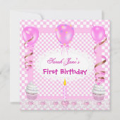 Cute First Birthday 1st Girl Pink Balloons Cupcake Kaart (Voorkant)