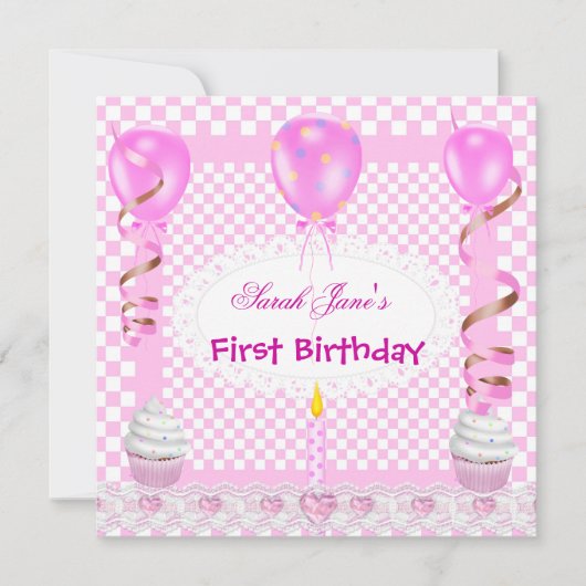 Cute First Birthday 1st Girl Pink Balloons Cupcake Kaart