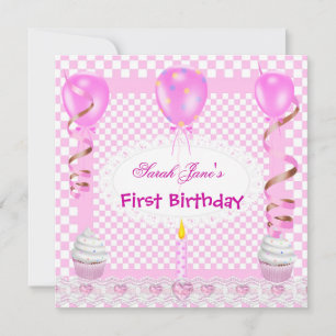 Cute First Birthday 1st Girl Pink Balloons Cupcake Kaart