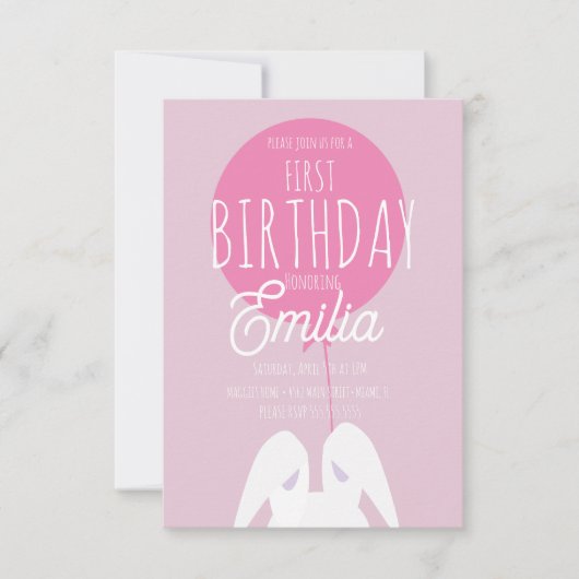 Cute First Birthday Bunny Party Invitation Kaart (Voorkant)