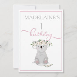 Cute First Birthday Koala Floral Pink Kaart