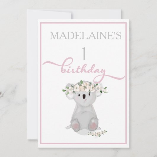Cute First Birthday Koala Floral Pink Kaart (Voorkant)