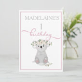 Cute First Birthday Koala Floral Pink Kaart (Staand voorkant)