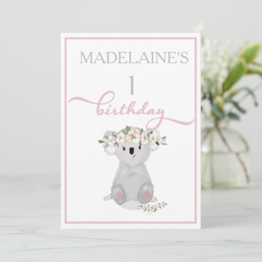 Cute First Birthday Koala Floral Pink Kaart (Staand voorkant)