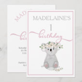 Cute First Birthday Koala Floral Pink Kaart (Voorkant / Achterkant)