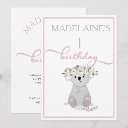 Cute First Birthday Koala Floral Pink Kaart (Voorkant / Achterkant)