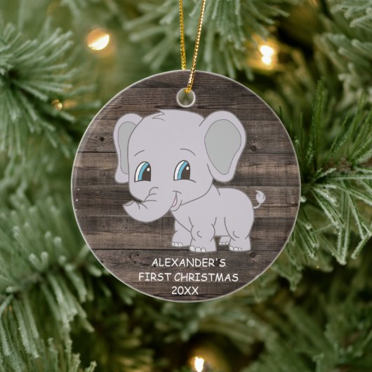 Cute First Kerstfeest Elephant Boy Baby's Keramisch Ornament (Boom)