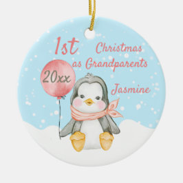 Cute First Kerstmis Penguin Grandouders Pink Keramisch Ornament