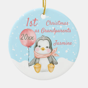 Cute First Kerstmis Penguin Grandouders Pink Keramisch Ornament
