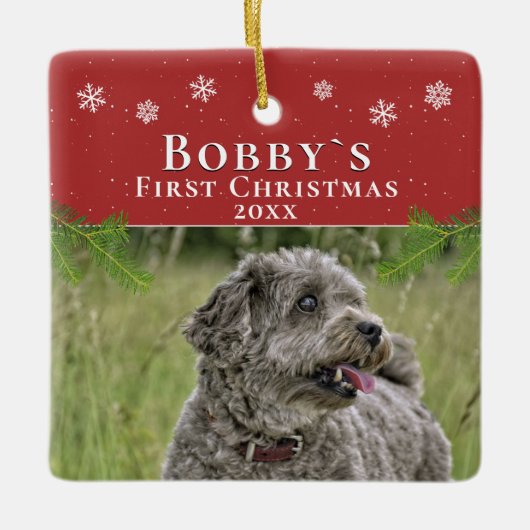 Cute First Kerstpuppy Red Kerstfoto Keramisch Ornament (Voorkant)