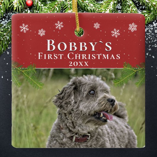 Cute First Kerstpuppy Red Kerstfoto Keramisch Ornament