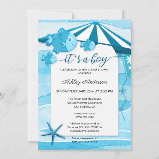 Cute Fish Nautical Baby shower Invitation Kaart (Voorkant)