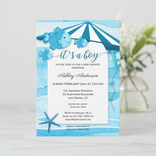 Cute Fish Nautical Baby shower Invitation Kaart (Staand voorkant)