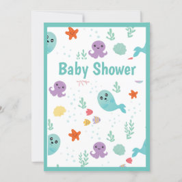 Cute Fish Octopus Mint Green Paars Baby shower Kaart