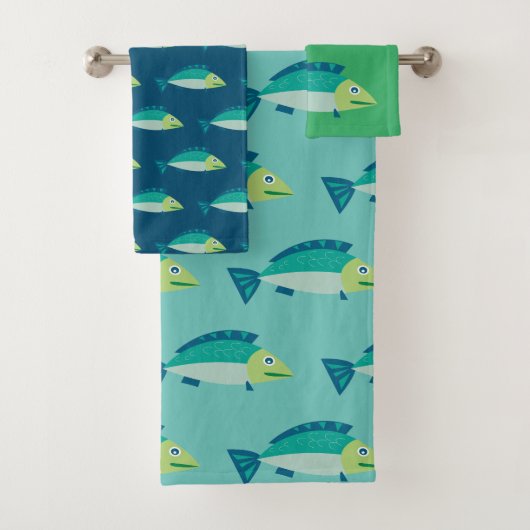 Cute Fish Pattern Blauwgroen Green Blue Bad Handdoek (Insitu)
