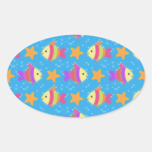 Cute Fish & Starfish Pattern Ovale Sticker