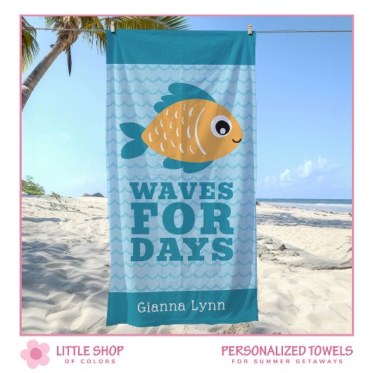 Cute Fish Waves for Days Personalized Kids Strandlaken