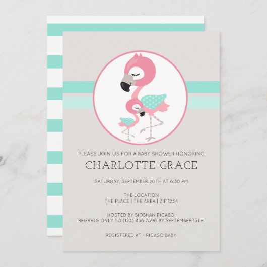 Cute Flamingo Bird Personalized Baby shower Kaart (Voorkant / Achterkant)