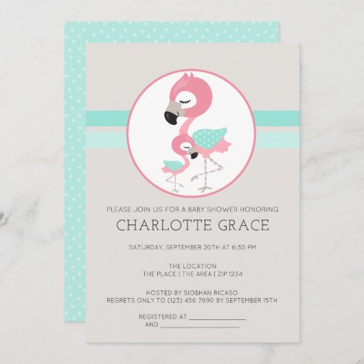 Cute Flamingo Bird Personalized Baby shower Kaart (Voorkant / Achterkant)
