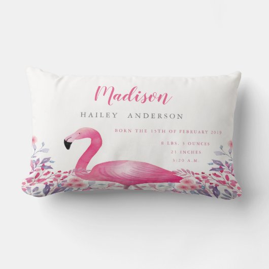 Cute Flamingo Birth Announcement Nursery Pillow Kussen (Voorkant)