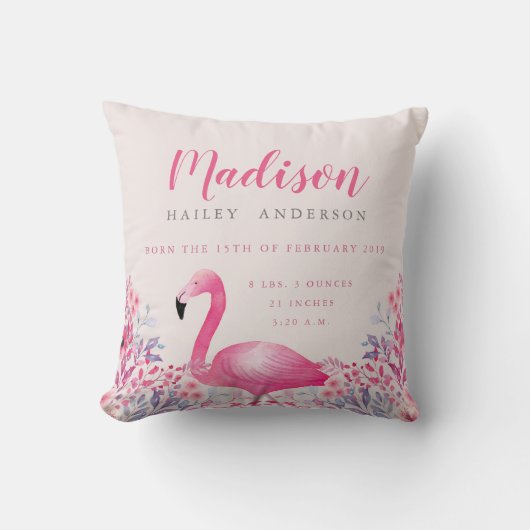 Cute Flamingo Birth Announcement Nursery Pillow Kussen (Voorkant)