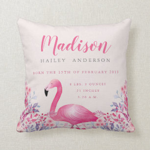 Cute Flamingo Birth Announcement Nursery Pillow Kussen