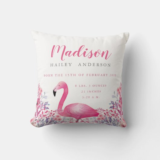 Cute Flamingo Birth Announcement Nursery Pillow Kussen (Voorkant)