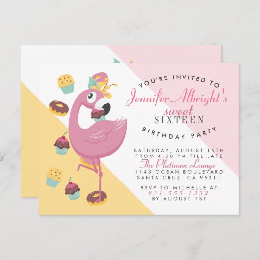 Cute Flamingo, Cupcakes & Doughnuts Sweet 16 Party Uitnodiging Briefkaart (Voorkant / Achterkant)