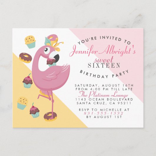 Cute Flamingo, Cupcakes & Doughnuts Sweet 16 Party Uitnodiging Briefkaart (Voorkant)