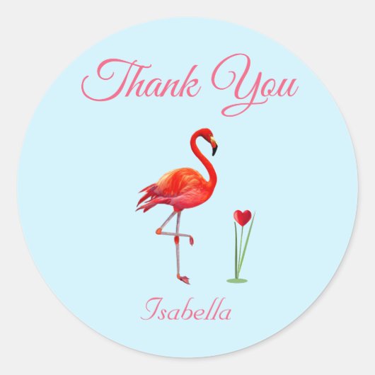Cute Flamingo & Heart Dank u op Licht Blauw Ronde Sticker (Voorkant)